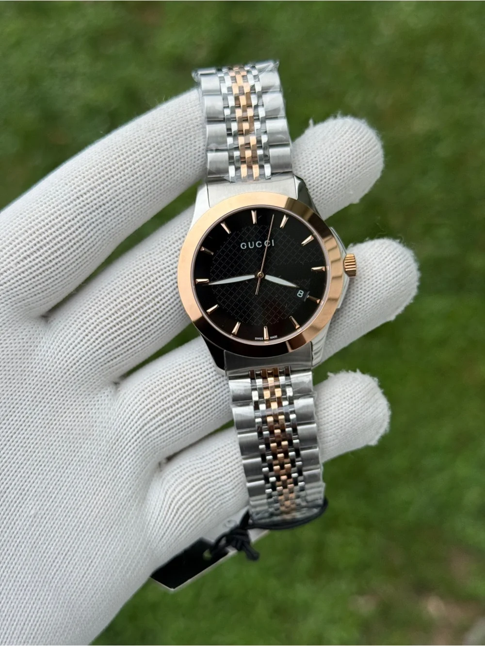Gucci G TIME Two-Tone Silver and Rose Gold Watch with Black Dial unisex